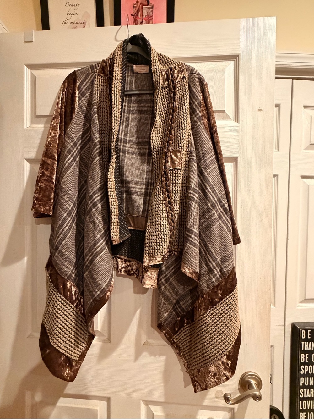 Plaid Open-Front Shawl Jacket in Brown and Gray